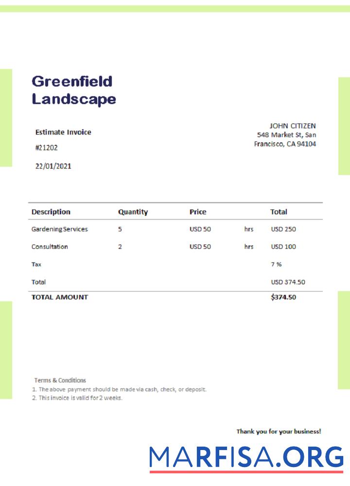 Realistic USA Greenfield Landscape invoice real example